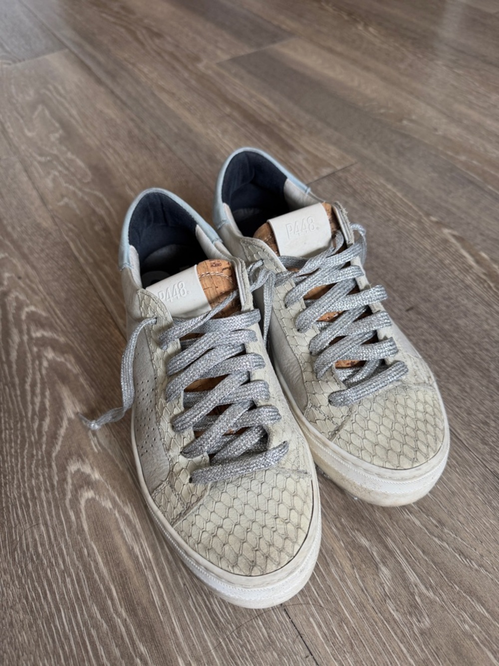 P448 women’s Beige Snake-Embossed Sneakers with Silver Laces